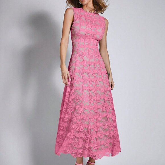Pink Elegant Women's Lace Sleeveless Midi Dress - Picture 4 of 7